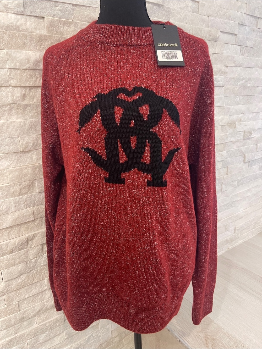 Roberto Cavalli Red Crewneck Sweater with Black Monogram